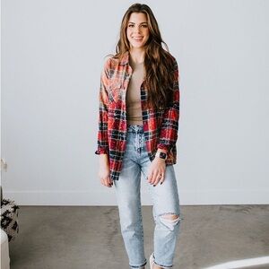 🪴LILY & LOTTIE FINN FLANNEL BLEACHED BUTTON DOWN SHIRT-BLEACH RED
